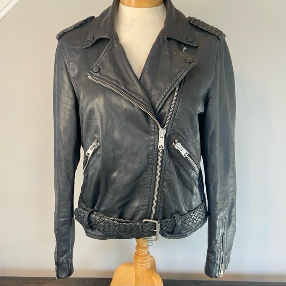 ALLSAINTS Wyatt Braided Leather Moto Biker Jacket in Black Women’s Size 8